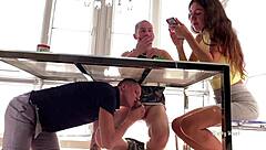 Sucked his friend's huge cock under the table before wife caught them in action