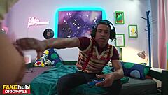 Latina college girl chats with video game nerd about games