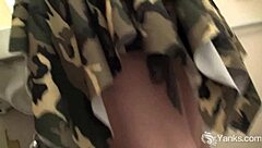 Brunette Tundra's shaved pussy upskirt in public restroom.