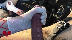 Mistress masturbates my cock with white gloves and dilator