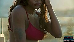 ebony beauty mimi desuka from cameroon gets naked in pool for playboy