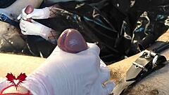 Mistress masturbates my cock with white gloves and dilator