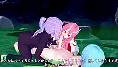 Shuna, Shion, and Rimuru chilling in hot springs parody fun.