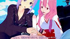 Shuna, Shion, and Rimuru chilling in hot springs parody fun.