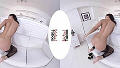 Brunette in Fishnets Masturbates Her Shaved Pussy to Orgasm in Virtual Taboo Scene