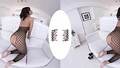 Brunette in Fishnets Masturbates Her Shaved Pussy to Orgasm in Virtual Taboo Scene