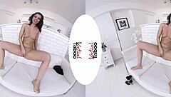 Brunette in Fishnets Masturbates Her Shaved Pussy to Orgasm in Virtual Taboo Scene