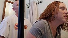 bathroom quickie with wife, big tits teasing