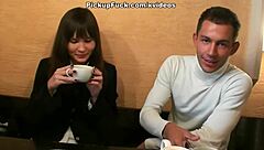 Girl flashes tits and sucks in public cafe