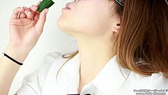 Japanese women with a food fetish moan while consuming a cucumber
