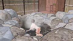 Hentai Babe Enters Hot Spring Nude, Boobs Exposed.