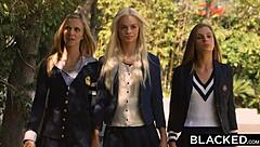 Preppy Girl Enjoys Threesome With Three Big Black Cocks