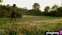 Anetta Keys, a stunning milf with petite breasts, poses outdoors following a seductive striptease