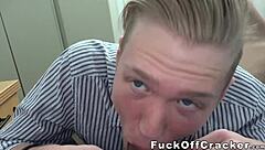 Cute guy’s tight pink ass stretched by massive black cock backstage.