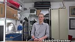 Cute guy’s tight pink ass stretched by massive black cock backstage.