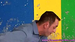 I watch glamour babe get messy with handjob and blowjob in satin.