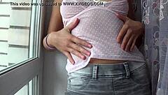 Camilla Moon's big nipples poke through pink underwear in close-up view