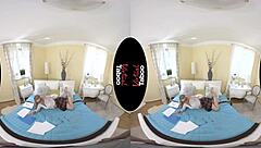 Blonde with big tits and shaved pussy gives handjob and blowjob during homework session.