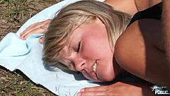 Hot blondie enjoys first public sex with facial cum