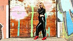 Blonde Posing in Black Leather Pants Leather Jacket and High Heels