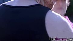 is the busty stepdaughter teasing her old man's cock?