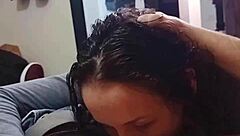 My roommate showers and gives me a blowjob until I finish. She orgasms while sucking me off!