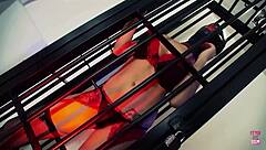 Sexy brunette breaks free from bondage to admire stunning beauty