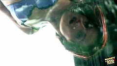 After intense session, brunette cleans up the table