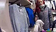 horny readhead with big tits sucks cock in public outdoor.