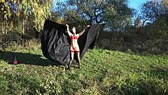 Mature dancer's outdoor show with natural tits