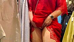 giving a blowjob and handjob right in the clothing store, so risky!