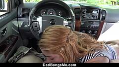 Yo, my stepdaughter sucks me off in the car! Later, she’s stuck in the window.