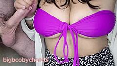 asian teen 18+s bikini can barely hold her massive tits while she sucks cock