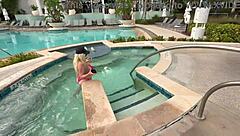 hot milf shows wet shaved pussy in public tub