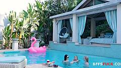 Pool explodes with lesbian orgy banging and squirting!