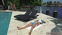 Two teen chicks give blowjob for first time in summertime party