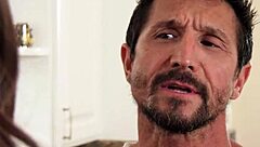 Busty brunette gives a wet blowjob and gets pounded hard in doggy style