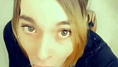 hey, this sexy shemale on her knees loves sucking cock so much