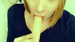 hey, this sexy shemale on her knees loves sucking cock so much