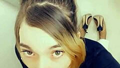 hey, this sexy shemale on her knees loves sucking cock so much