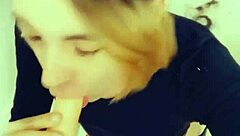 hey, this sexy shemale on her knees loves sucking cock so much