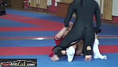 Cute teen gets oral during wrestling