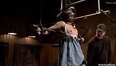 Hairy pussy slave intensely fingered and gagged