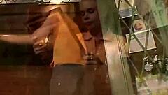 teen in braces rubs in public