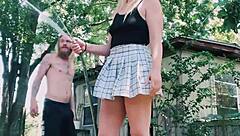 the wife gets an enema and anal sex while neighbors watch her get wet