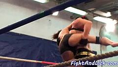 European beauties with fake tits engage in intense lesbian wrestling
