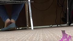 Steamy library encounter with wife exposing her naughty feet in nylons