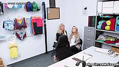 Blonde MILF Kylie Kingston and Daughter Natalie Knight Caught Shoplifting by Horny Cop in Office 3some