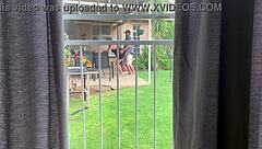 Caught my neighbors fucking in the backyard? Fingering, creampie, and flashing pussy!