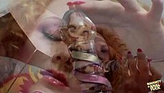 Stunning blonde plays with toys before men join for intense session